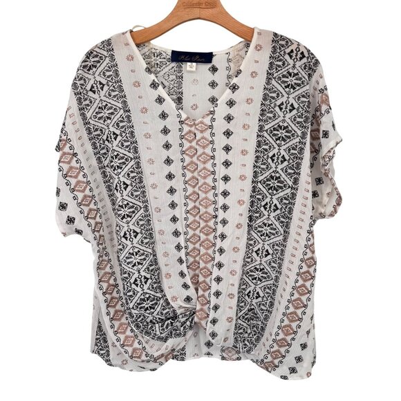 Blue Rain Womens Boho Top size medium  Black White & Brown embroidered - Picture 1 of 11